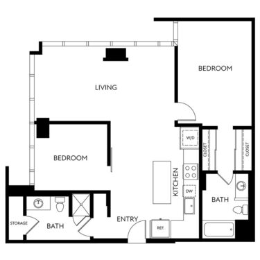 Loft C floorplan graphic with two bedrooms and two bathrooms.