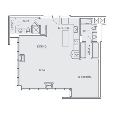 Rendering of the Loft C floor plan with 1 bedroom[s] and 2 bathroom[s] at Sunset Vine Tower
