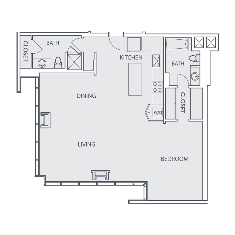 Rendering of the Loft C floor plan with 1 bedroom[s] and 2 bathroom[s] at Sunset Vine Tower