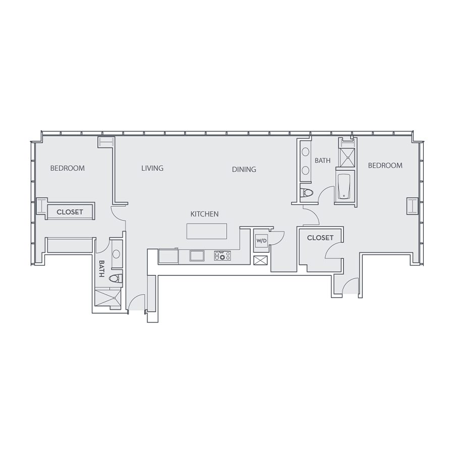 Rendering of the Loft E floor plan with 2 bedroom[s] and 2 bathroom[s] at Sunset Vine Tower